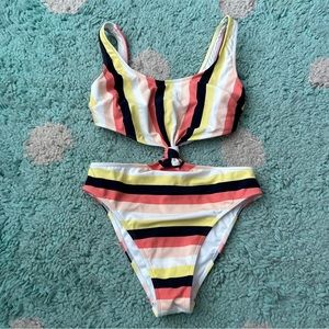 Abercrombie Yellow Coral White Black Stripe Cutout One Piece Knot XS Swimsuit